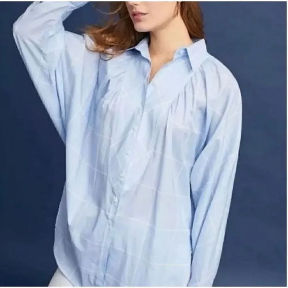 Anthropologie Maeve Windowpane 3/4 Dolman Sleeve High Low Hem Button Down Blouse